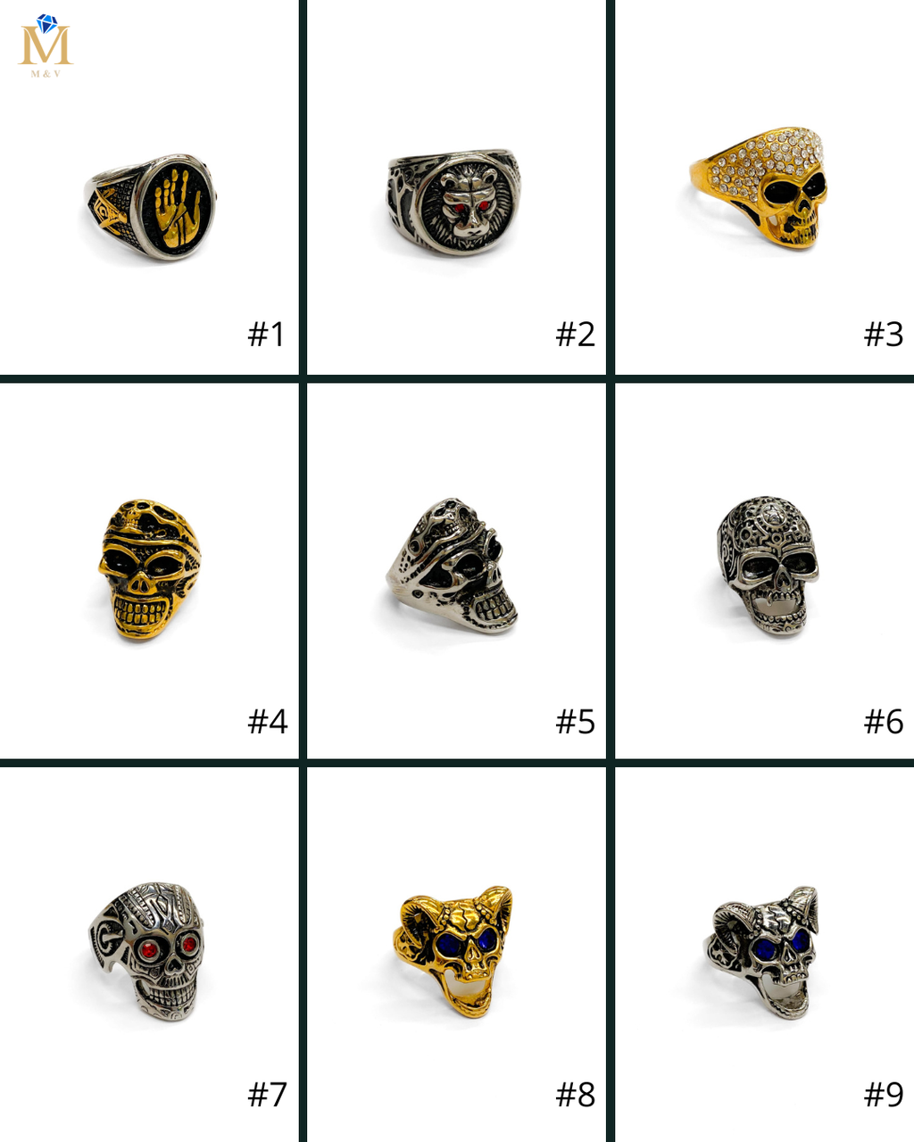 Anillo de Calaberas Dorada y Plateada Acero Inoxidable M15