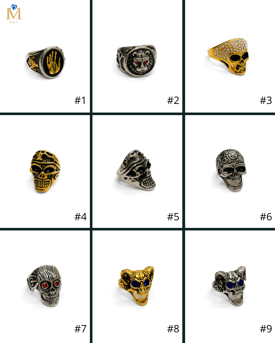 Anillo de Calaberas Dorada y Plateada Acero Inoxidable M15