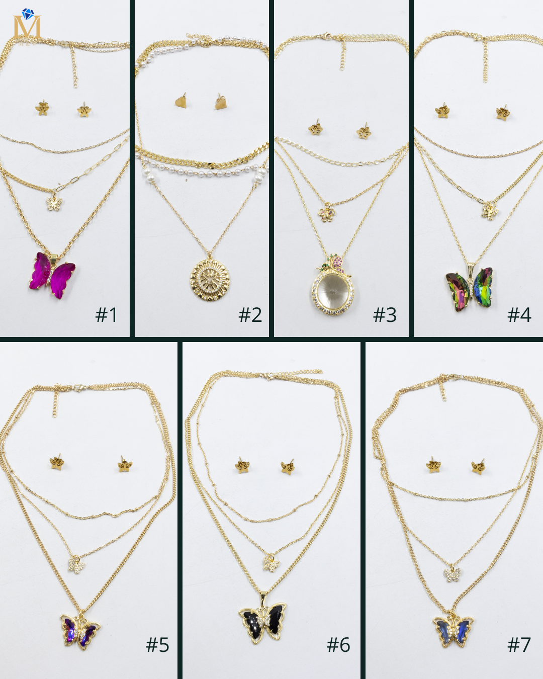 Conjuntos de la Caja 01 cadena triple y aretes de mariposa M3 Acero Inoxidable