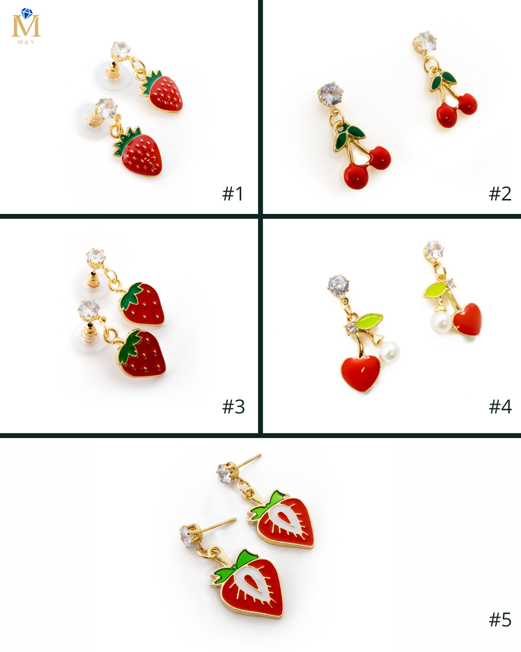 Aretes Dorados de Fresa y Cereza M1 Oro Laminado