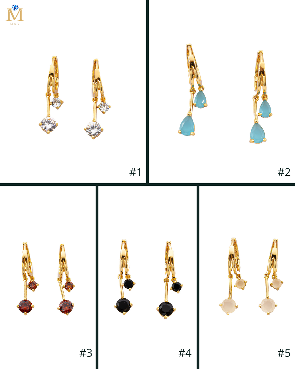 Aretes Dorados Largos con Piedra M1 Oro Laminado