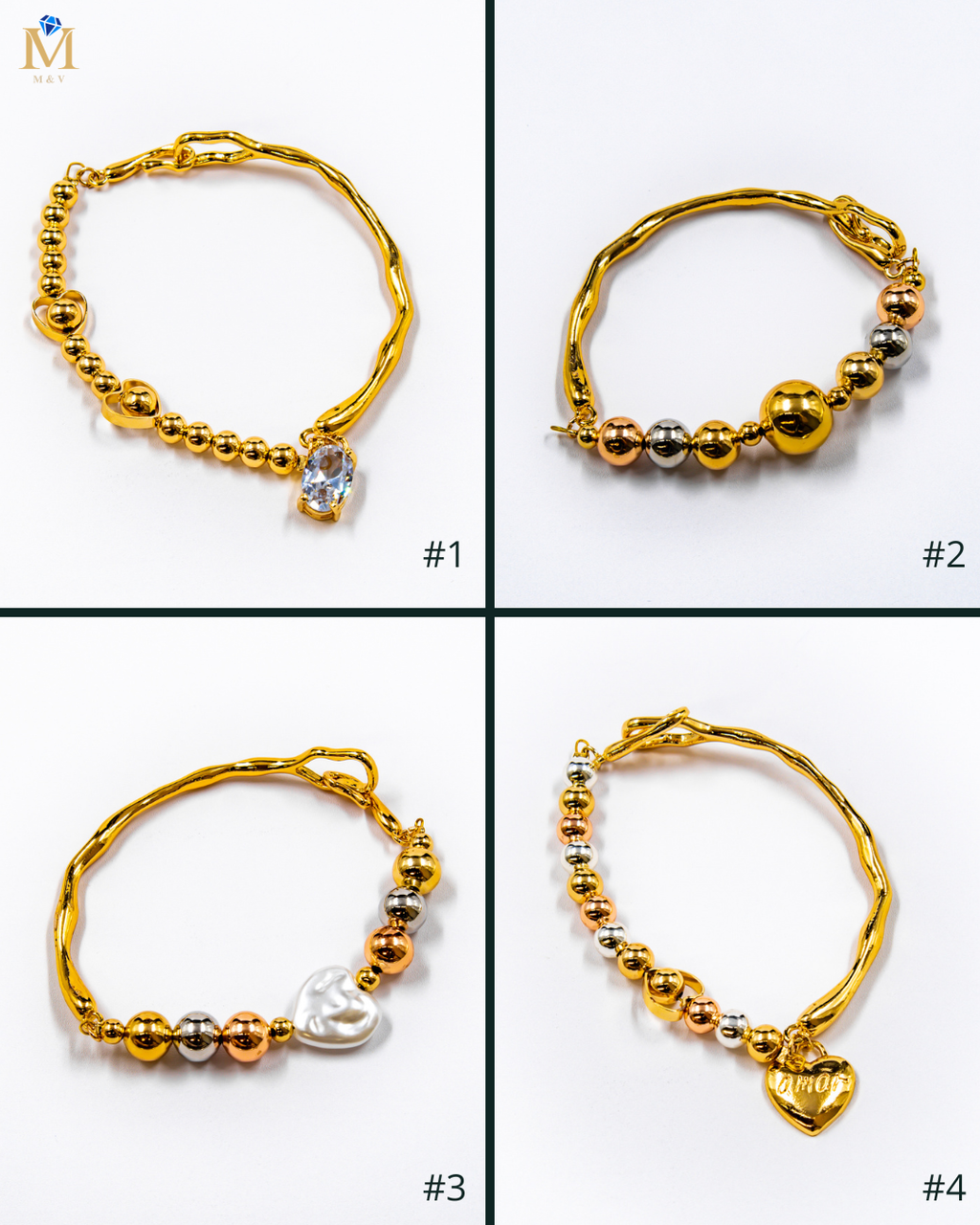 Pulsera rigida con cuentas y dije - M3 Oro Laminado