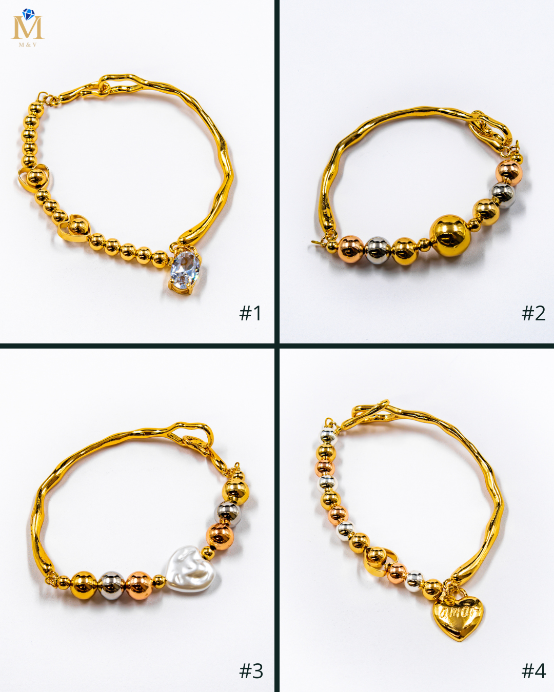Pulsera rigida con cuentas y dije - M3 Oro Laminado