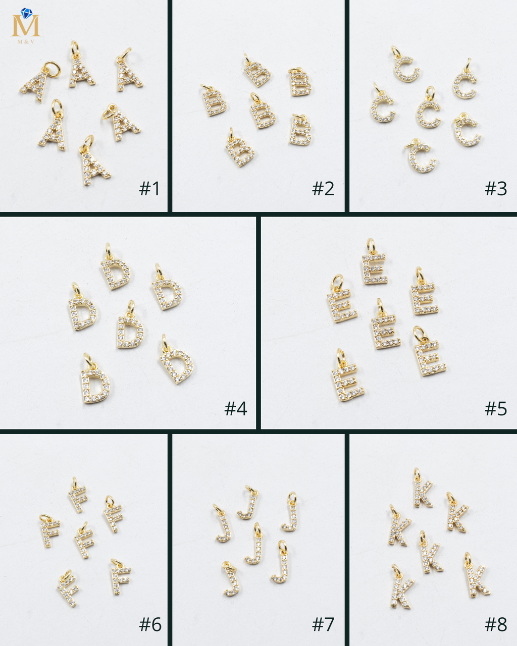 Paquete de 6 Dijes de Letras con piedras M1 Oro Laminado