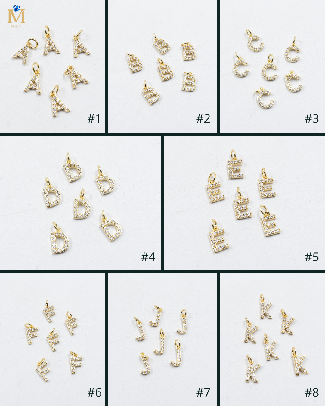 Paquete de 6 Dijes de Letras con piedras M1 Oro Laminado