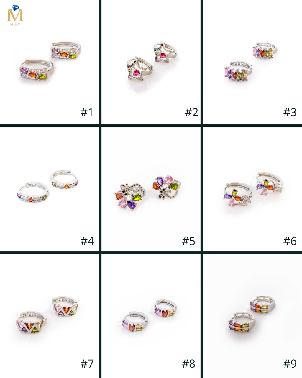 Aretes Plateados Huggies con Piedras De Color M5 Oro Laminado