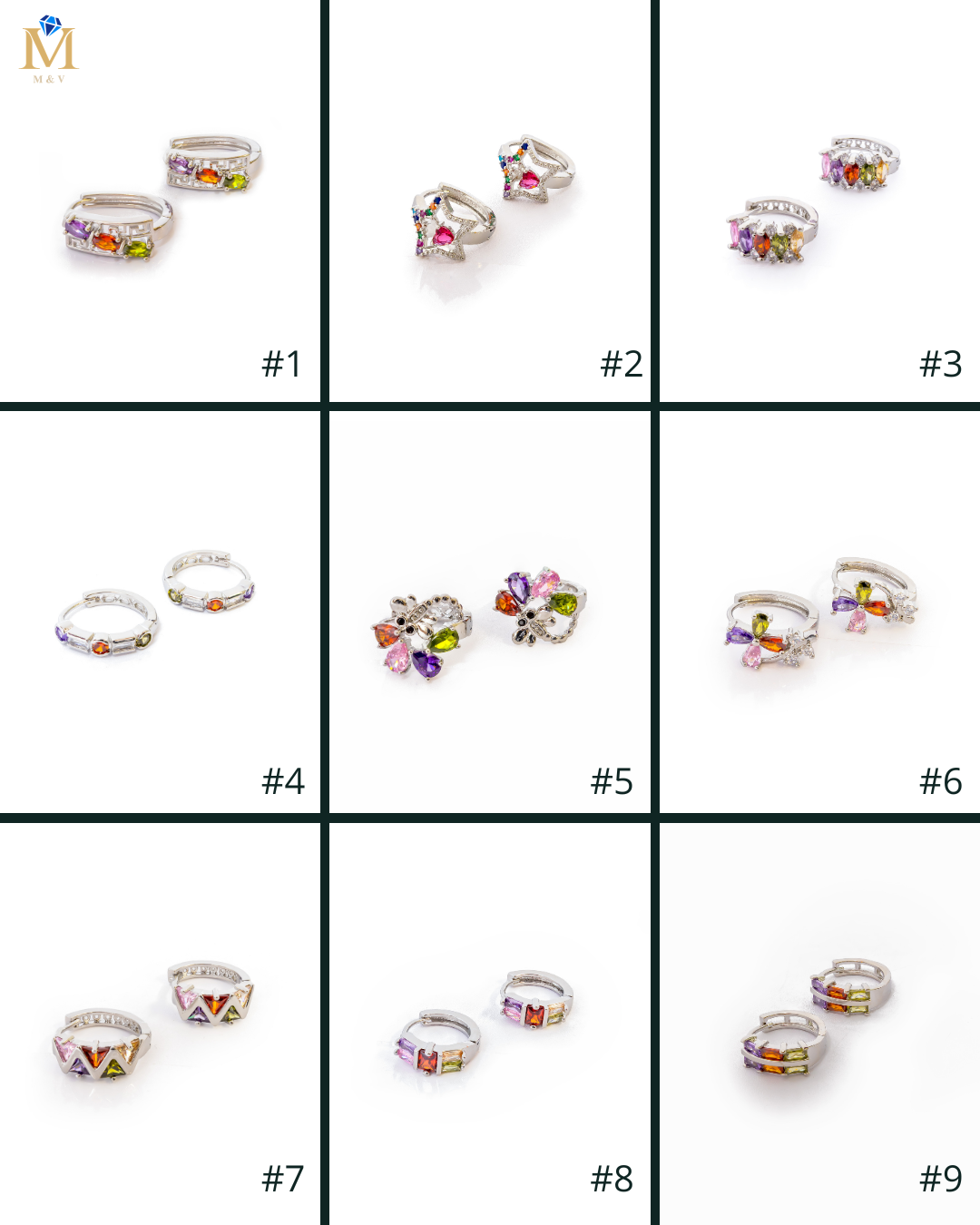 Aretes Plateados Huggies con Piedras De Color M5 Oro Laminado