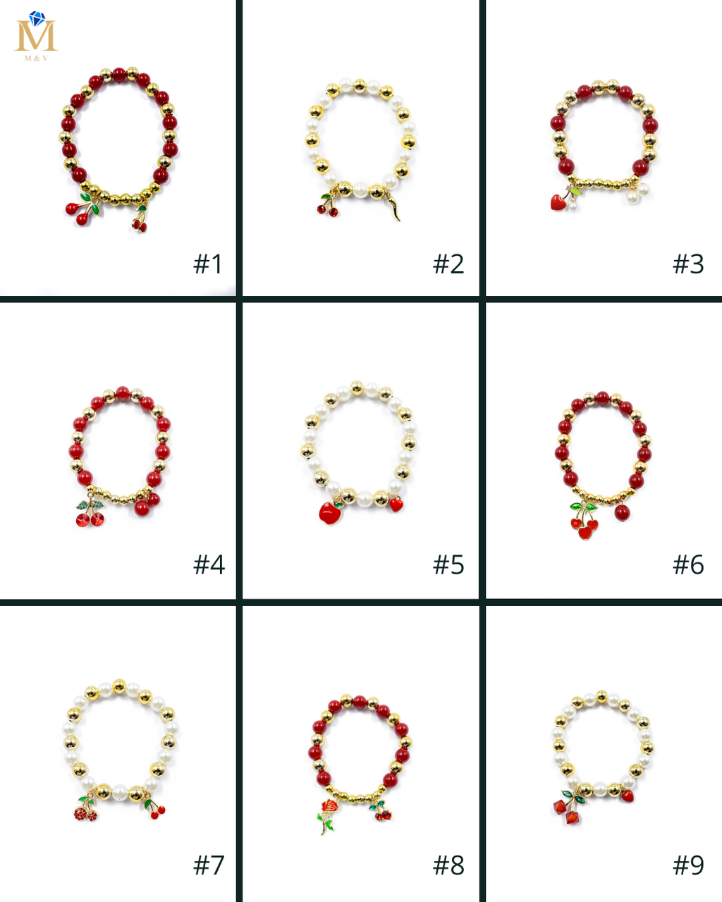 PULSERA DE PERLAS CON DIJE DE FRUTAS - M3 ORO LAMINADO