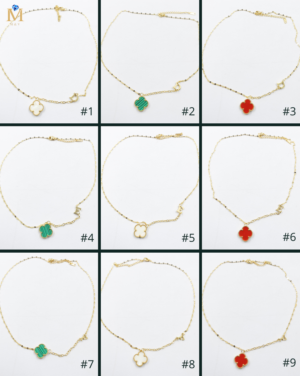 Collares Dorados con dijes de letra D, E ,F y dije de trebol M2 Oro Laminado