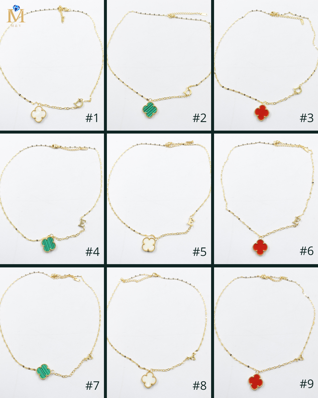 Collares Dorados con dijes de letra D, E ,F y dije de trebol M2 Oro Laminado