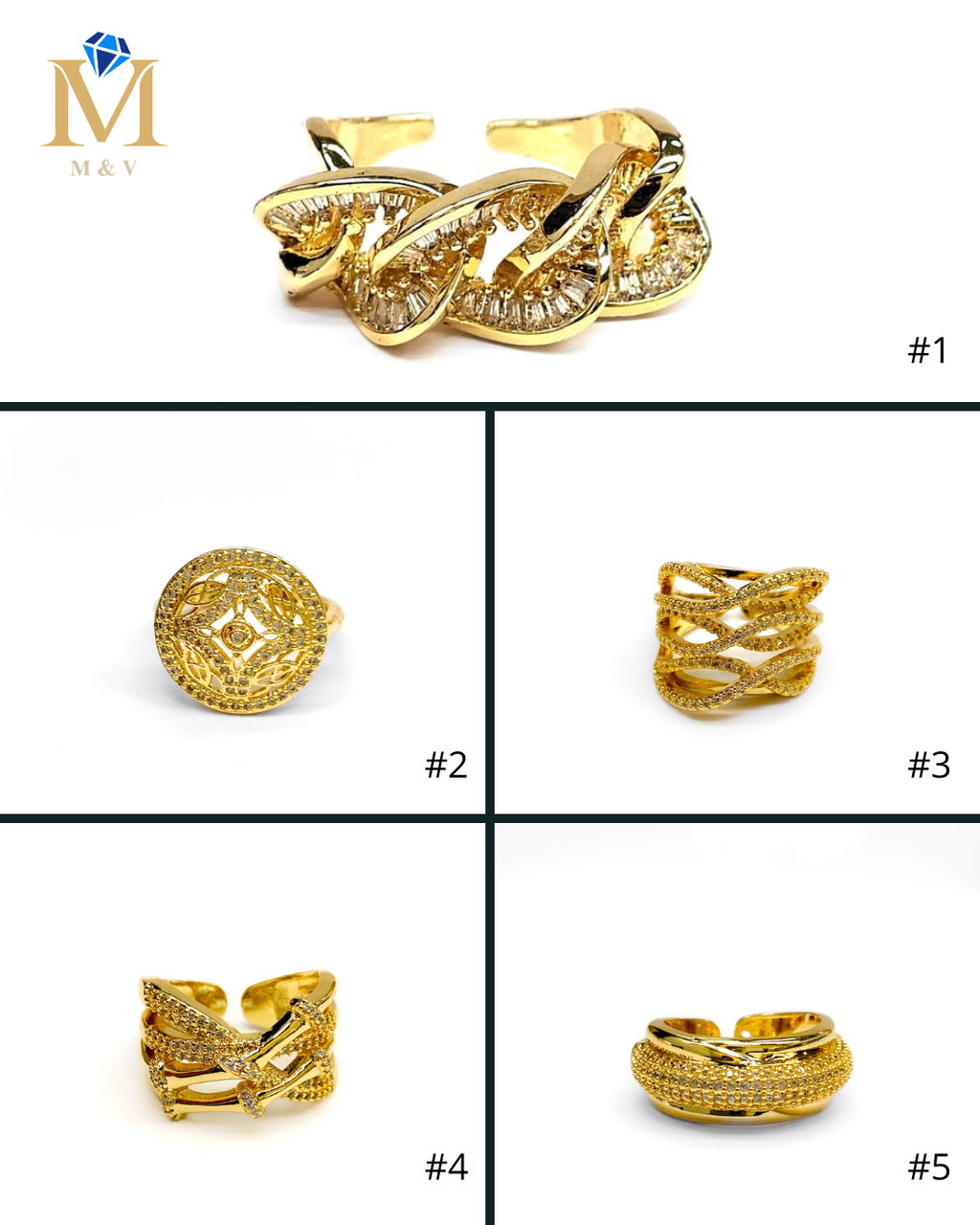Anillo Dorado Ajustable con Pedreria Blanca Oro Laminado