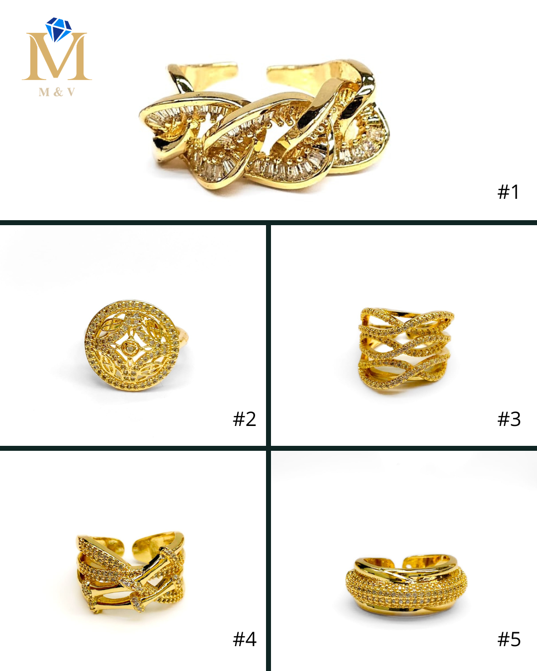 Anillo Dorado Ajustable con Pedreria Blanca Oro Laminado