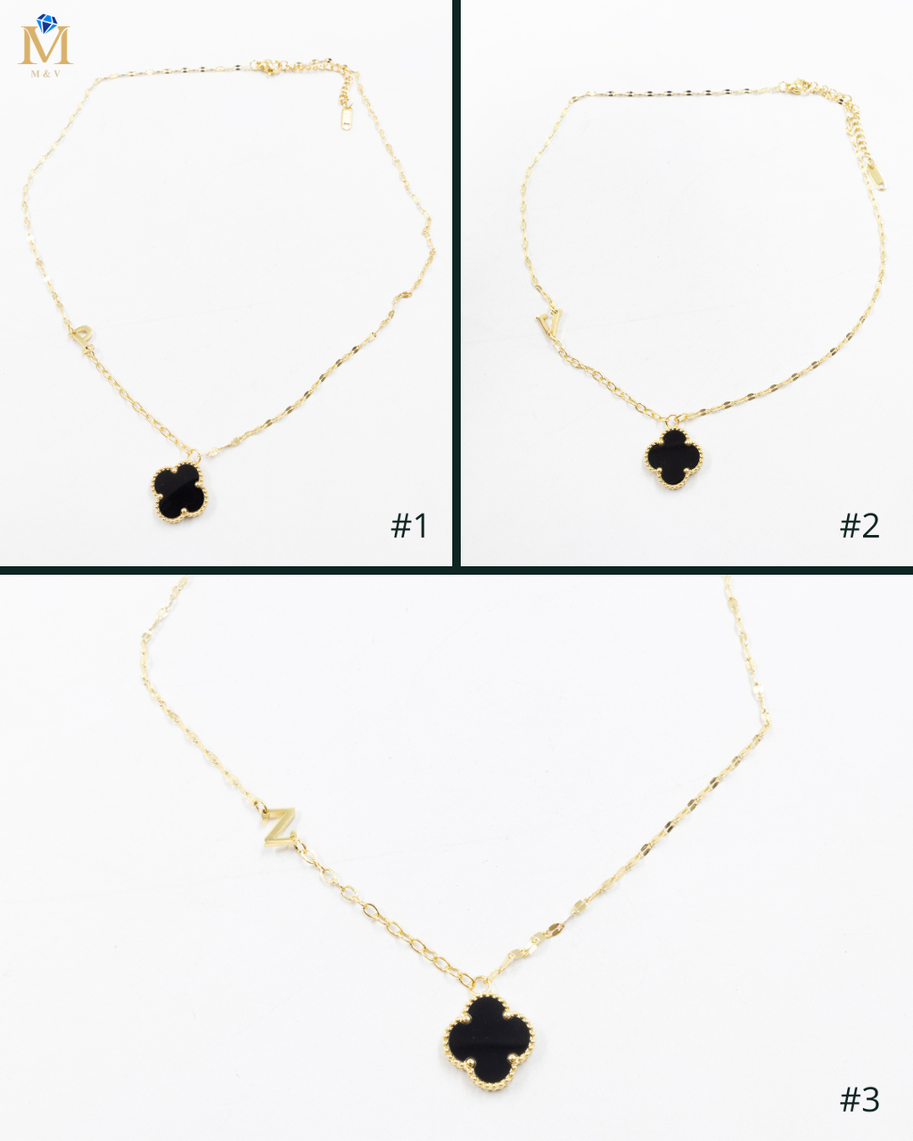 Collares Dorados con dijes de letra P,V , Z y dije de Trebol M8 Oro Laminado