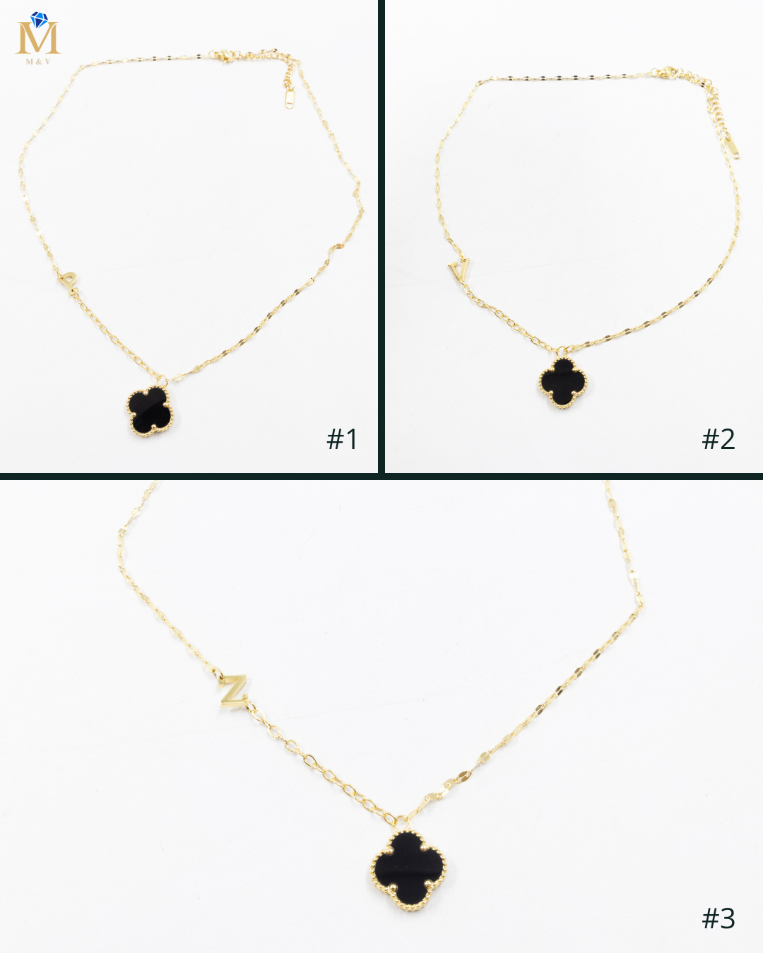 Collares Dorados con dijes de letra P,V , Z y dije de Trebol M8 Oro Laminado