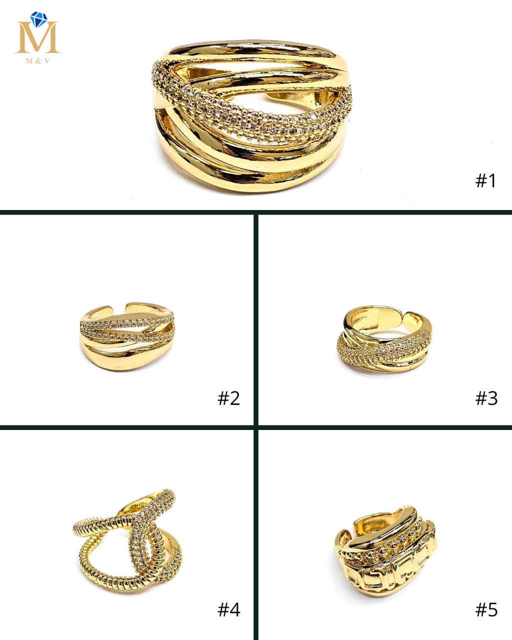 Anillo Dorado Pedreria Blanca Ajustable M2 Oro Laminado