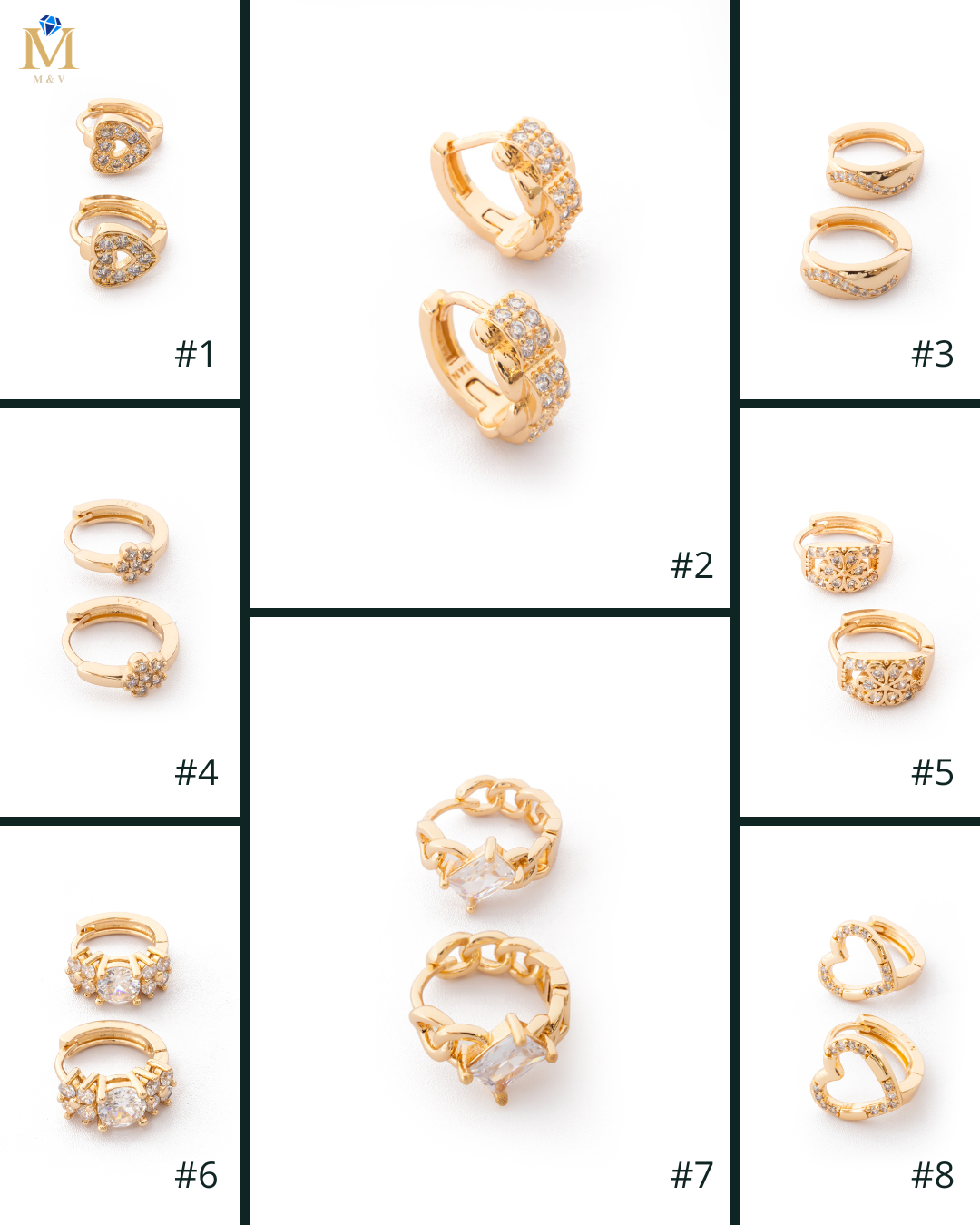 Aretes Huggies Dorados con Piedras M1 Oro Laminado
