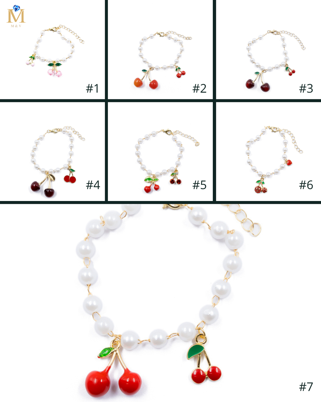 PULSERA DE PERLAS CON DIJE DE FRUTAS - M2 ORO LAMINADO