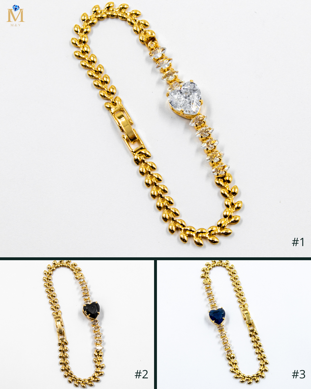 Pulsera dorada con piedras y dije de corazón - M5 Oro Laminado