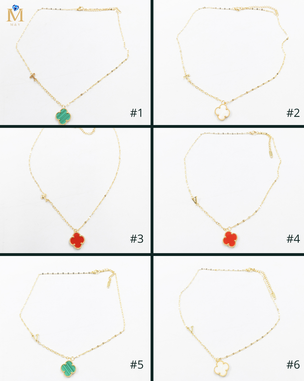 Collares Dorados con dijes de letra T, V y dije de Trebol M6 Oro Laminado