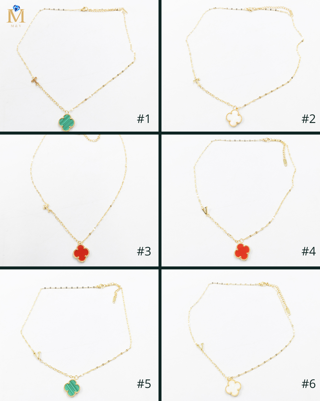Collares Dorados con dijes de letra T, V y dije de Trebol M6 Oro Laminado