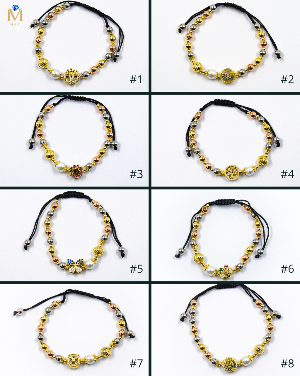 Pulsera de cuentas ajustable con dije - M1 Oro Laminado