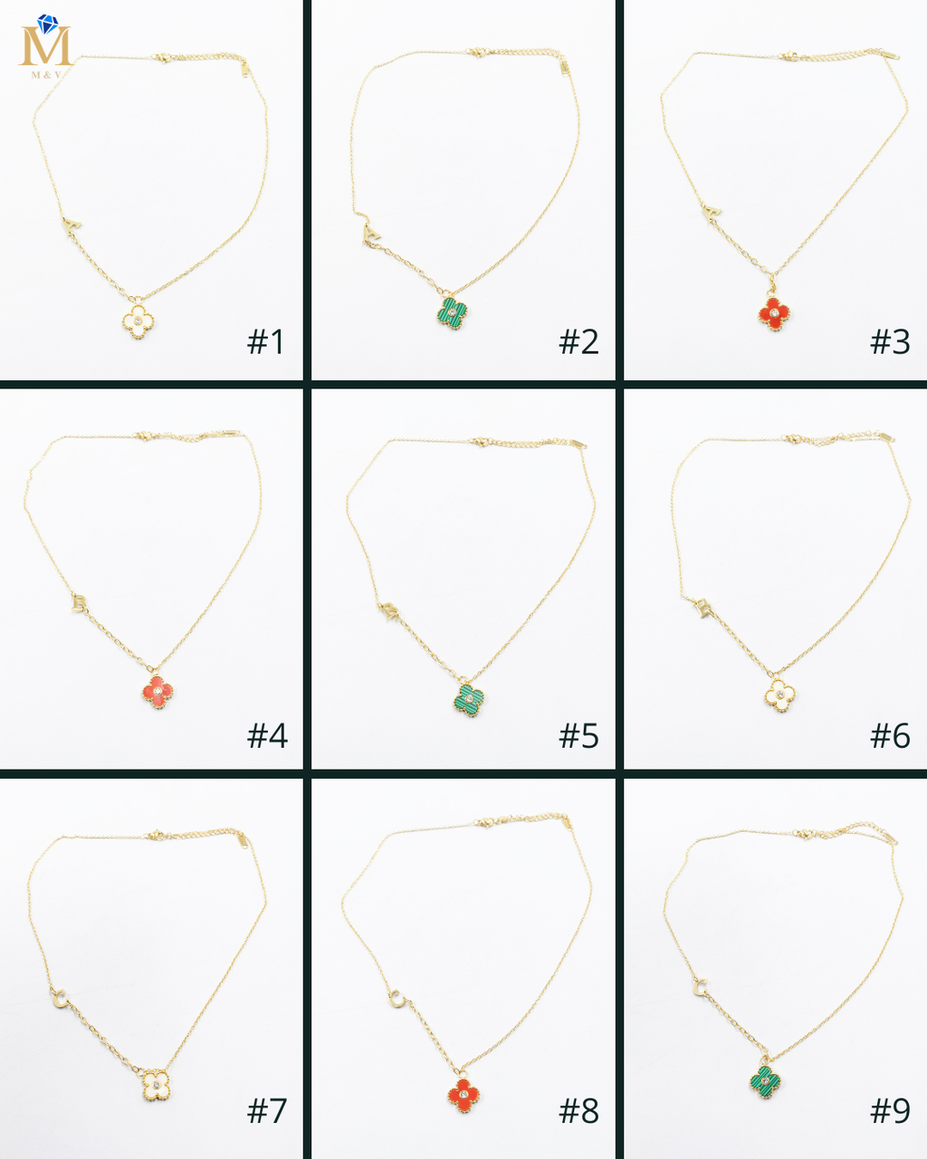 Collar de Dije de Trebol y letra A, B, C M1 Oro Lamnado