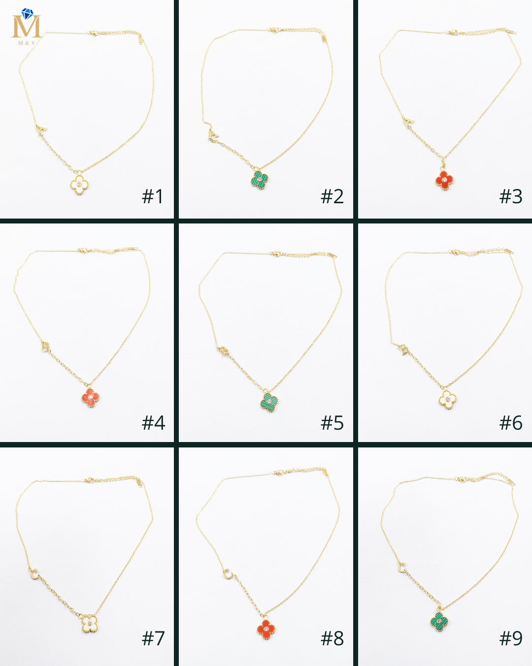 Collar de Dije de Trebol y letra A, B, C M1 Oro Lamnado