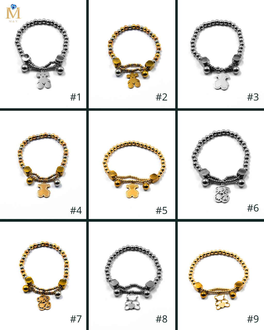 Pulsera de cuentas con dije de Oso - M1 Oro Laminado