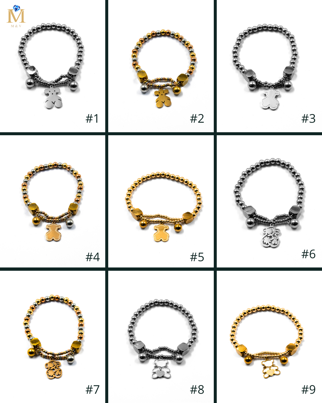Pulsera de cuentas con dije de Oso - M1 Oro Laminado