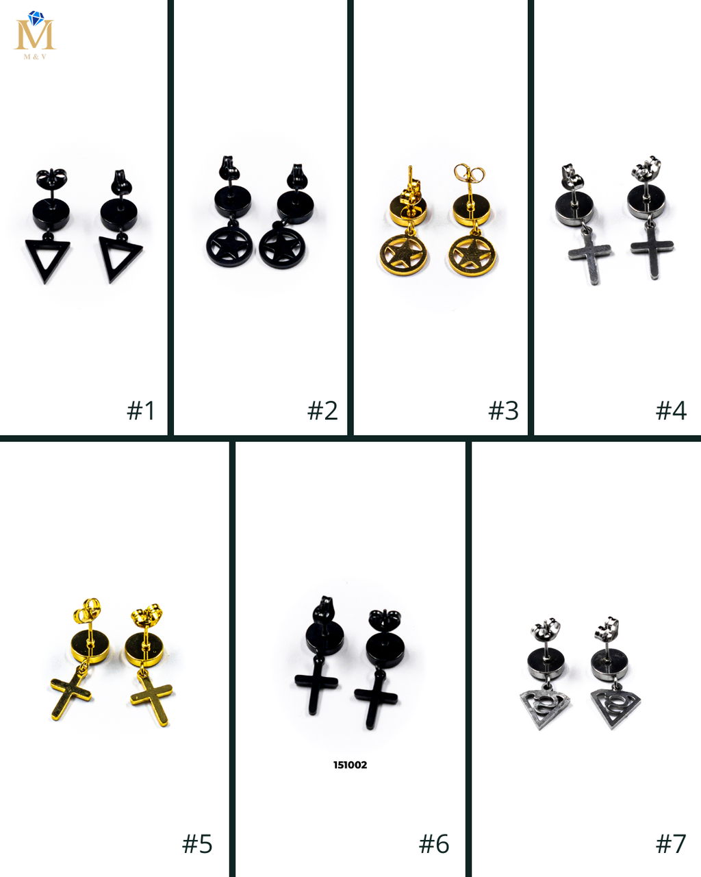 Aretes Dorados, Plateados y Negros con dije colgante - M2 Acero Inoxidable