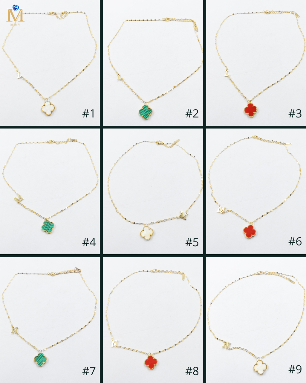 Collares Dorados con dijes de letra L, M, N y dije de Trebol M4 Oro Laminado