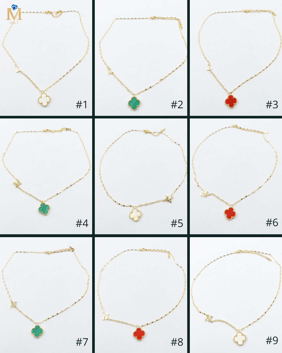 Collares Dorados con dijes de letra L, M, N y dije de Trebol M4 Oro Laminado