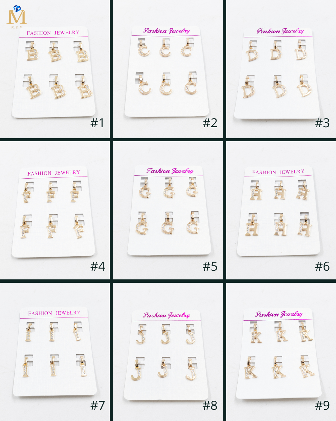 Paquete de 6 Dijes de Letras M1 Oro Laminado