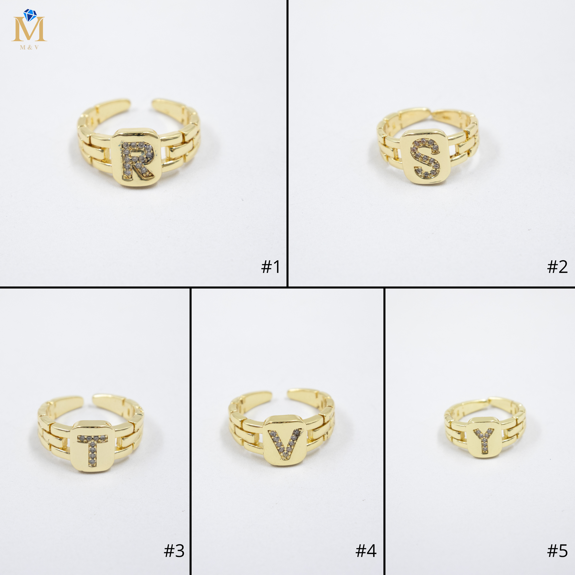 Anillos Dorados Ajustables De Letras con piedras M3 Oro Laminado