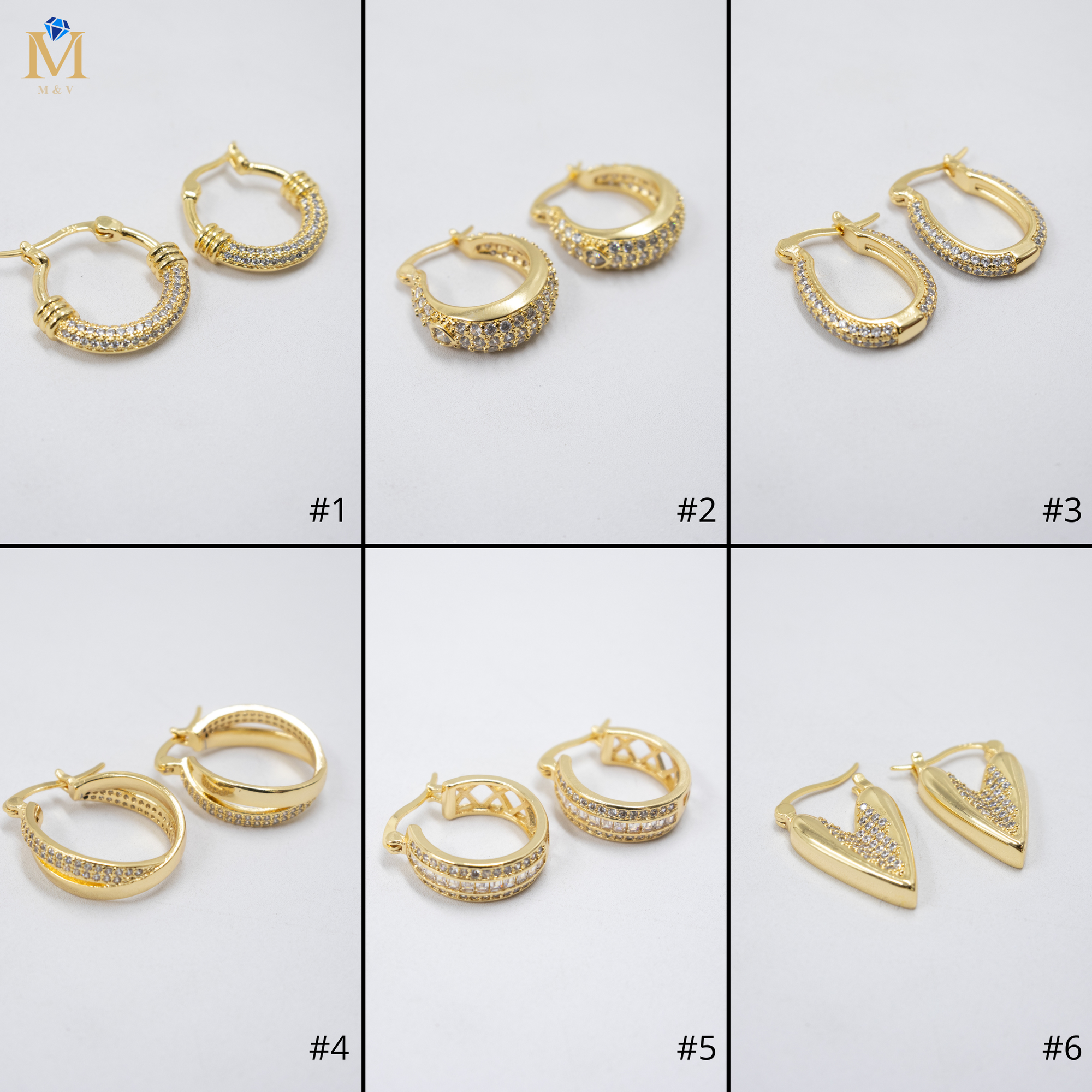 Aretes Dorados con Piedras Blancas M1 Oro Laminado