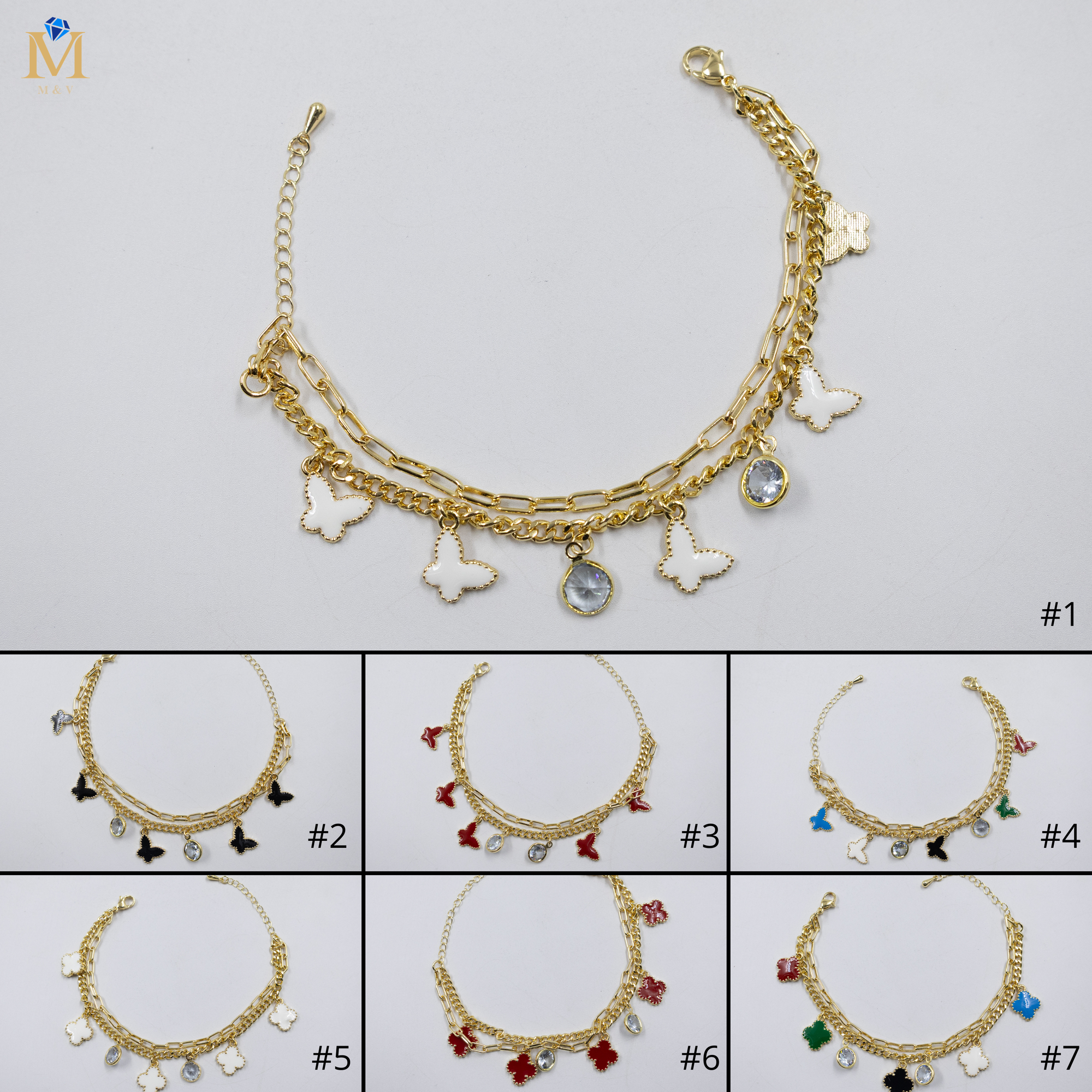 Pulseras Doradas de Mariposa y Trébol M1 Oro Laminado