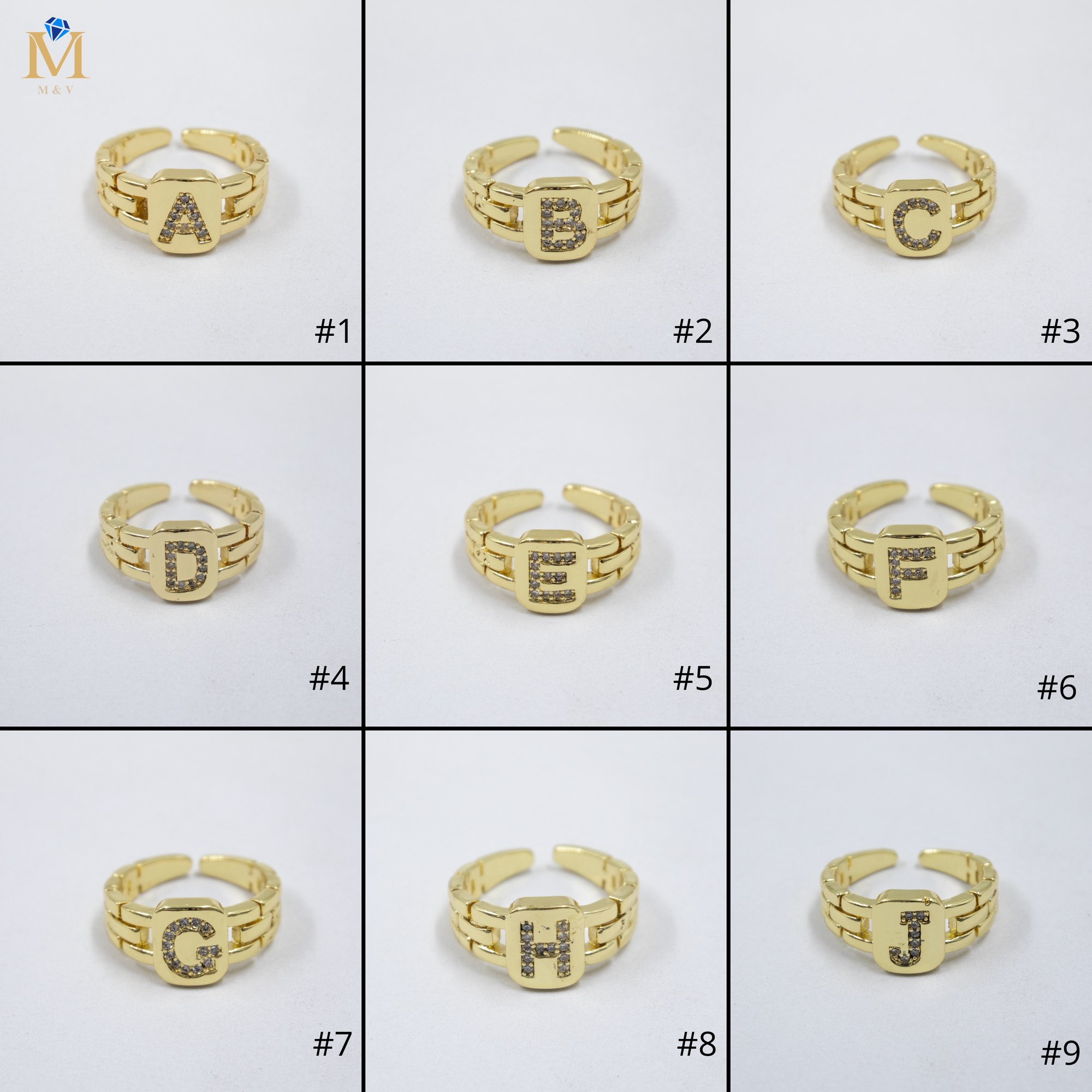 Anillos Dorados Ajustables De Letras con piedras M1 Oro Laminado