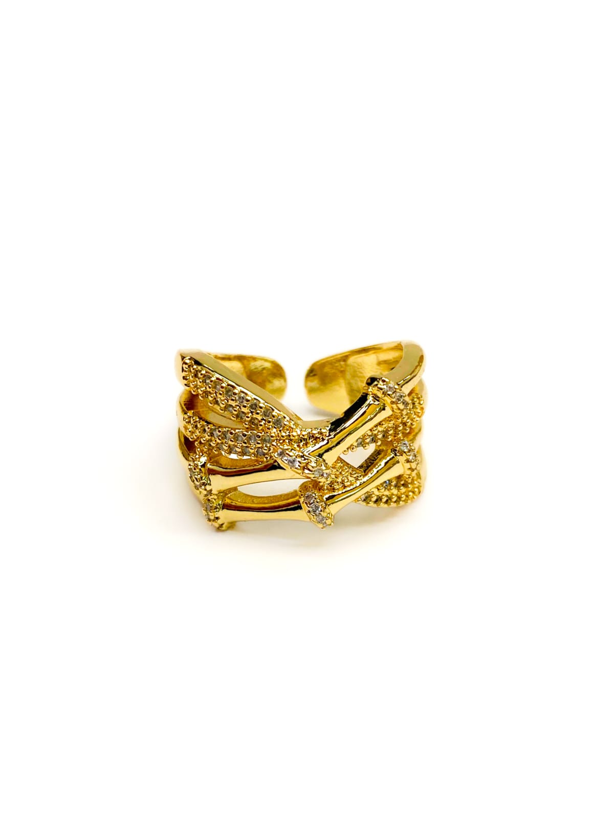 Anillo Dorado Ajustable con Pedreria Blanca Oro Laminado